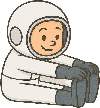Ein kleiner Austronaut, der auf dem Boden sitzt und sich zu seinen Füßen streckt und dehnt